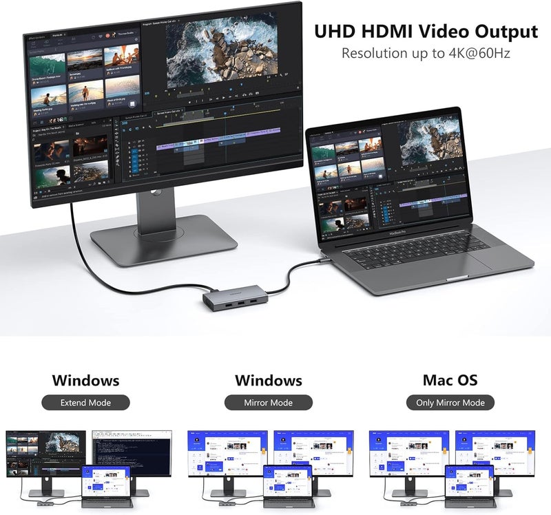 ABIWAZY محطة إرساء USB C لمحول الشاشة المزدوجة لأجهزة Dell و HP المحمولة محطة إرساء 3 شاشات عرض رباعية USBC Hub Dongle إلى 4K HDMI، DP، VGA، 3 USB2.0، 100W PD، محطة USB-C لجهاز Lenovo، Surface - Image 5